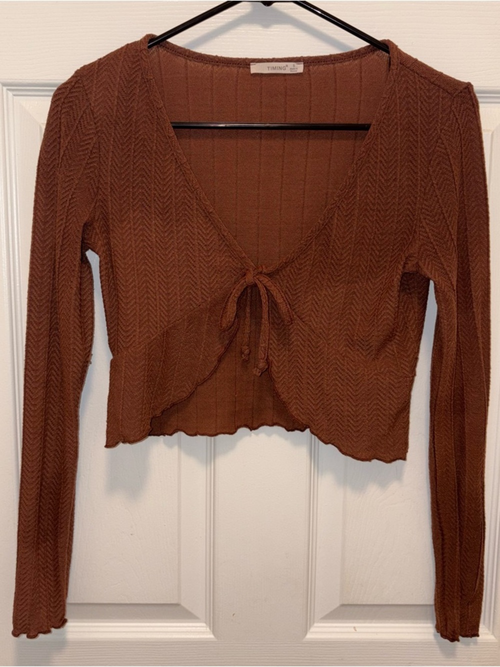 Cropped Tie-Front Long Sleeve Top